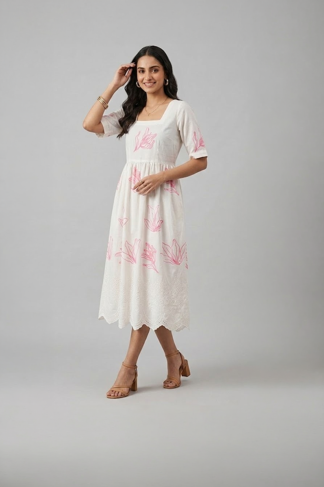 white floral midi dress for women with pink print