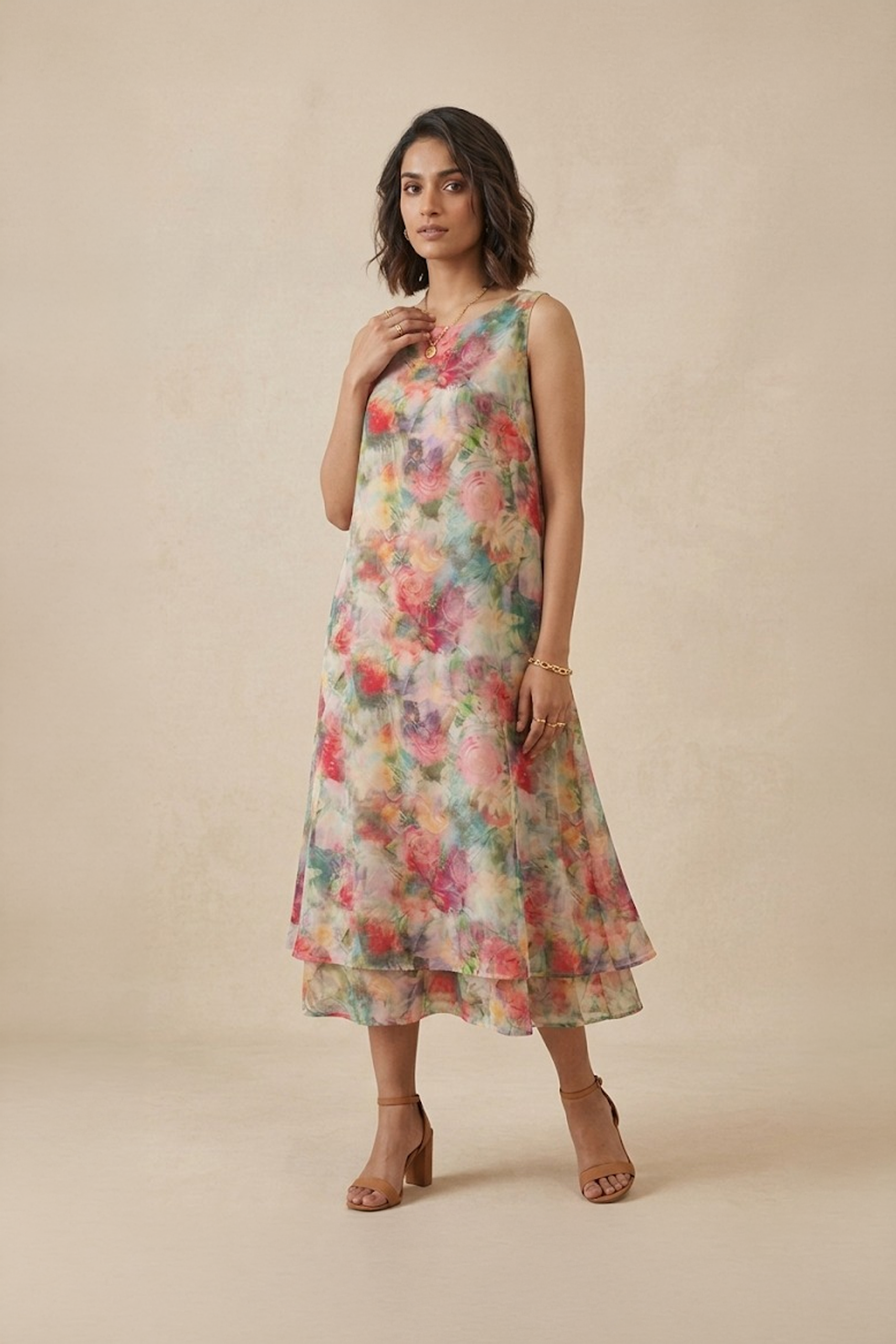 Floral Midi Dress with multicolour floral print and flowy layered hem