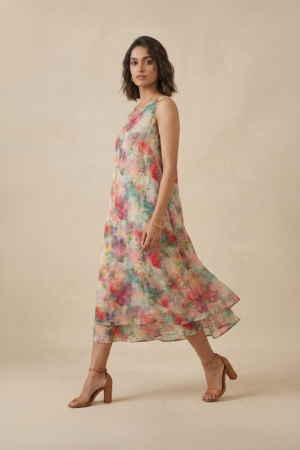 Floral Midi Dress with multicolour floral print and flowy layered hem