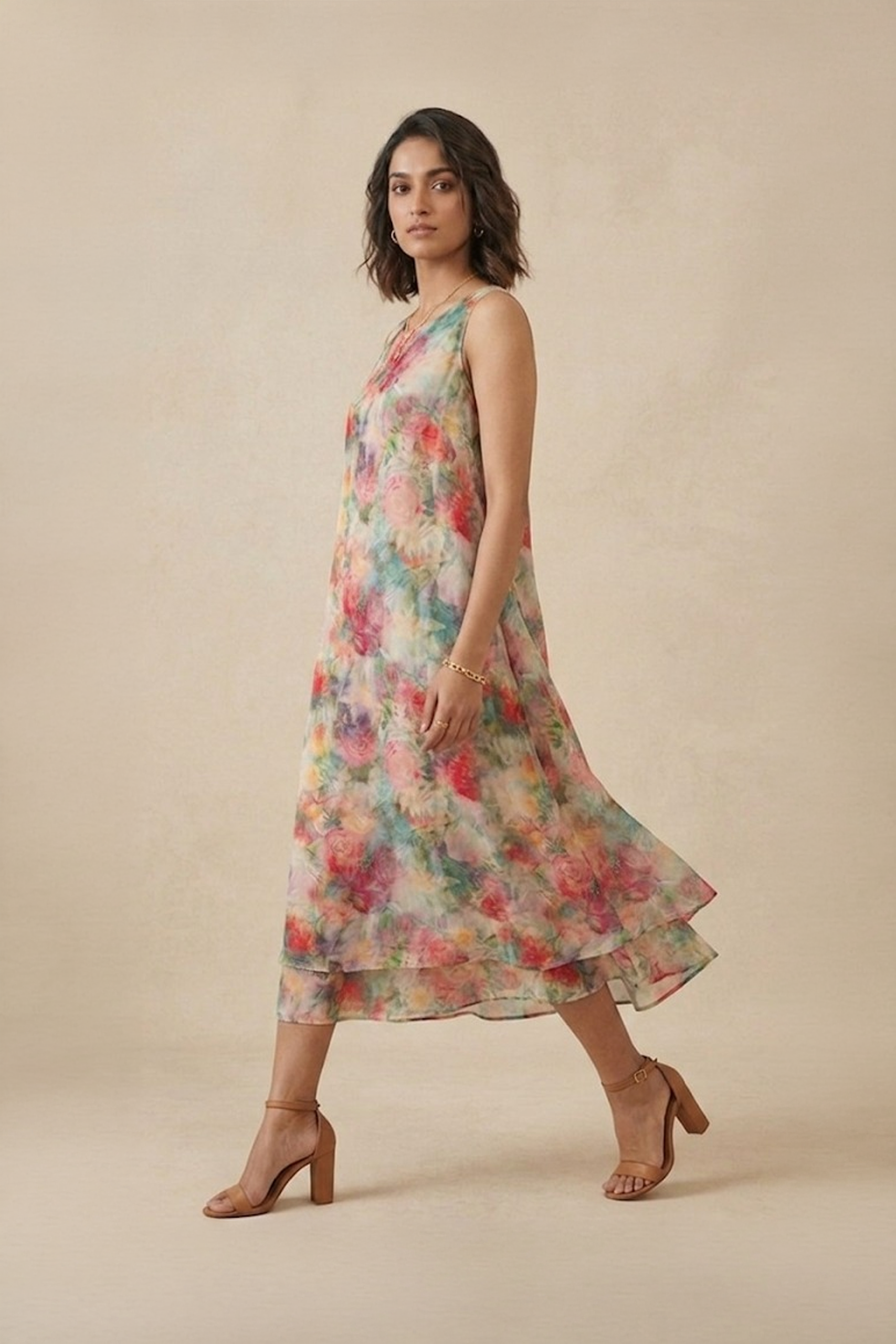 Floral Midi Dress with multicolour floral print and flowy layered hem