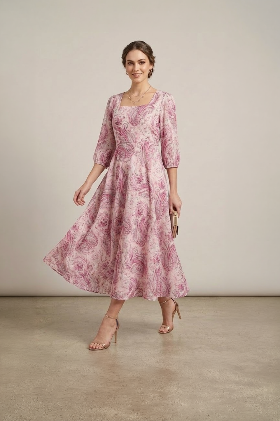 Pink paisley midi dress for women with flared silhouette and three quarter sleeves