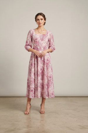 Pink paisley midi dress for women with flared silhouette and three quarter sleeves