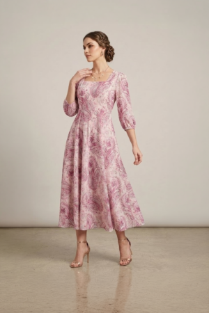 Pink paisley midi dress for women with flared silhouette and three quarter sleeves