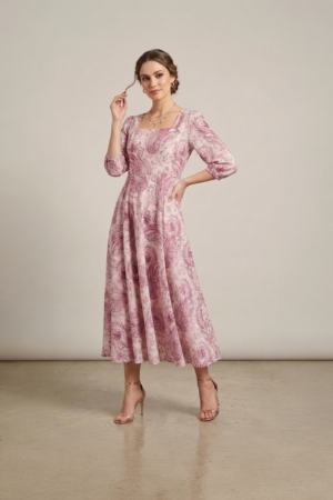 Pink paisley midi dress for women with flared silhouette and three quarter sleeves