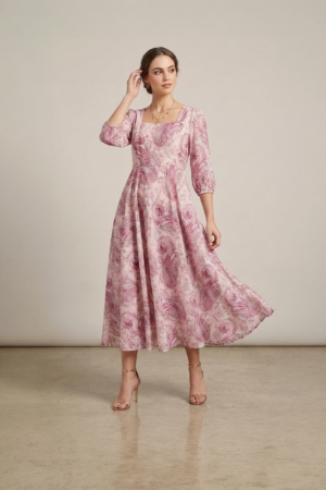 Pink paisley midi dress for women with flared silhouette and three quarter sleeves