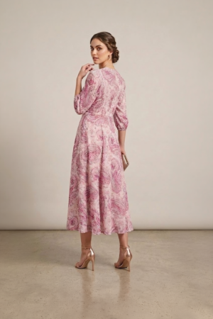 Pink paisley midi dress for women with flared silhouette and three quarter sleeves