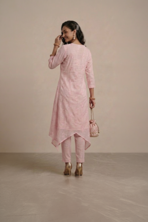 pink kurta set for women with asymmetrical hem and pants