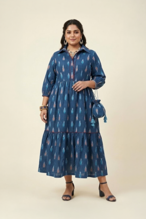 Indigo ikat midi dress for women in cotton with tiered silhouette