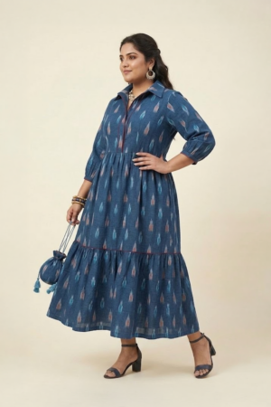 Indigo ikat midi dress for women in cotton with tiered silhouette
