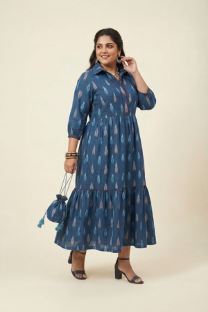 Indigo ikat midi dress for women in cotton with tiered silhouette