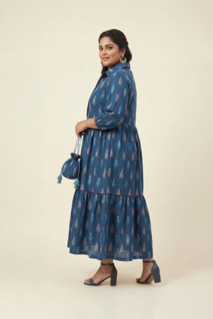 Indigo ikat midi dress for women in cotton with tiered silhouette