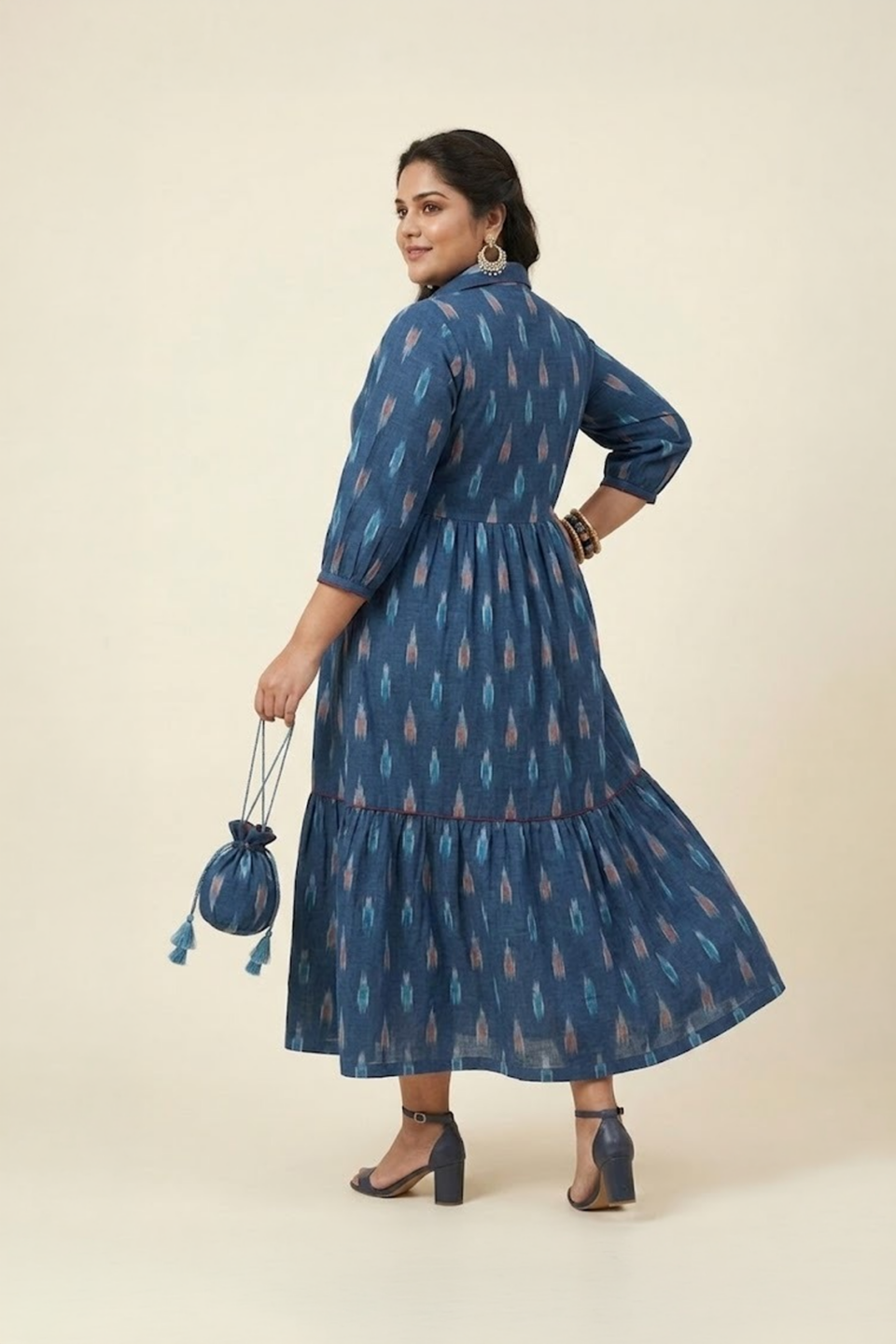 Indigo ikat midi dress for women in cotton with tiered silhouette