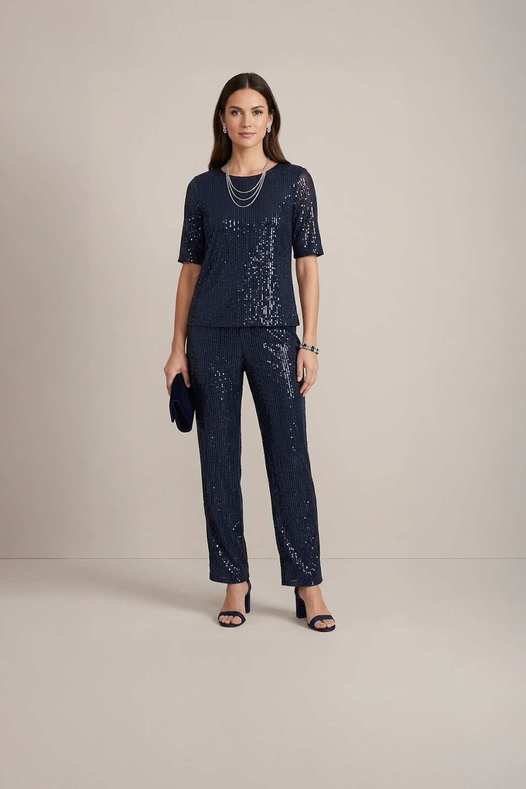 navy blue sequin co ord set for women with top and pants