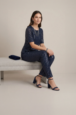 navy blue sequin co ord set for women with top and pants