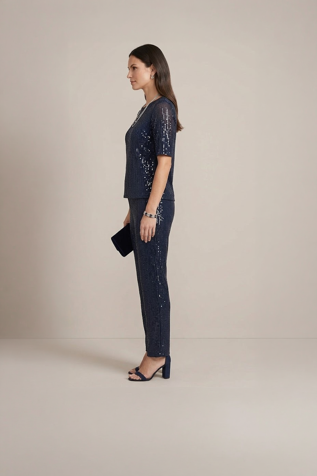 navy blue sequin co ord set for women with top and pants