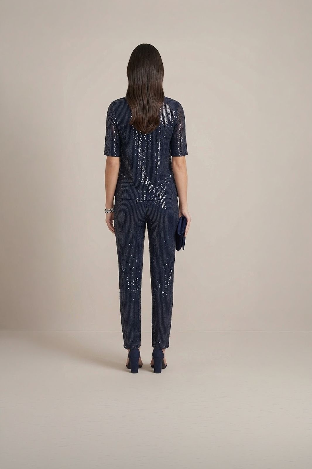 navy blue sequin co ord set for women with top and pants