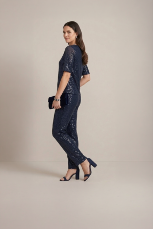 navy blue sequin co ord set for women with top and pants