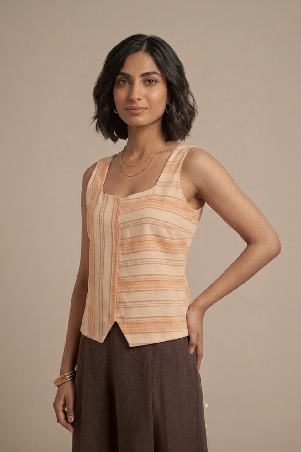 Peach Striped Top with square neckline and sleeveless design