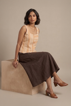 Orange Striped Top with square neckline and sleeveless design