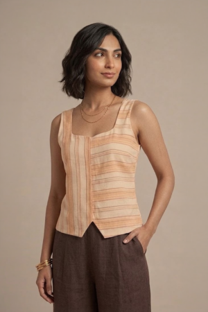 Orange Striped Top with square neckline and sleeveless design