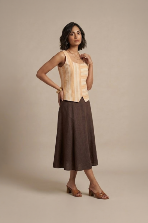 Orange Striped Top with square neckline and sleeveless design