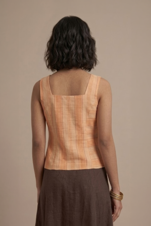 Orange Striped Top with square neckline and sleeveless design