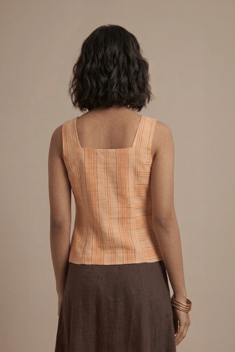 Orange Striped Top with square neckline and sleeveless design
