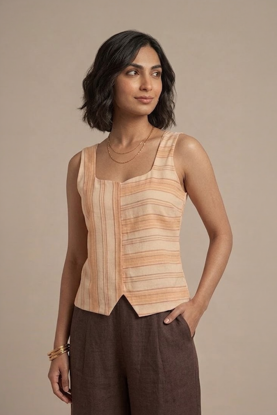 Peach Striped Top with square neckline and sleeveless design