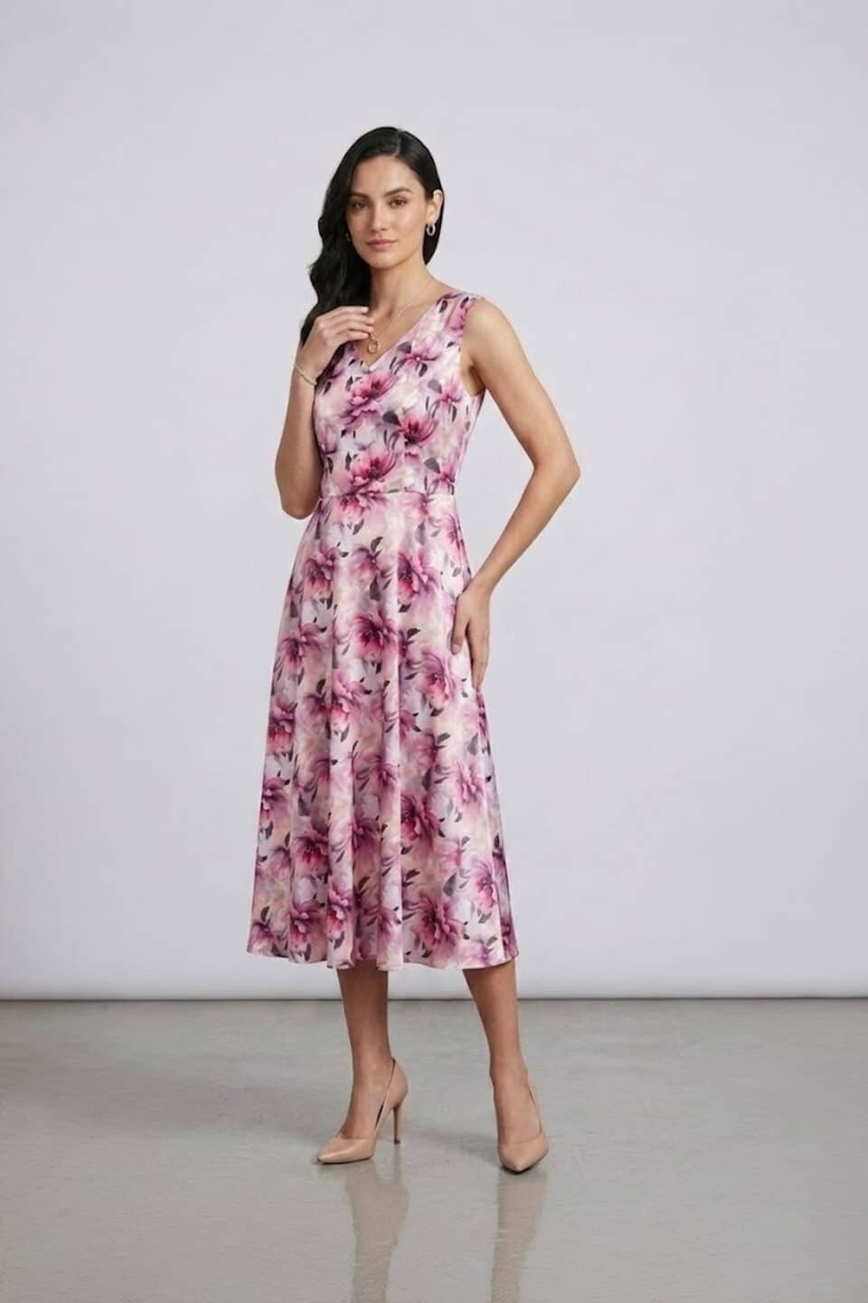 Pink Floral Linen Satin Midi Dress