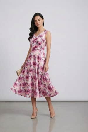 Pink Floral Sleeveless Midi Dress for women by Ivory by Radhika