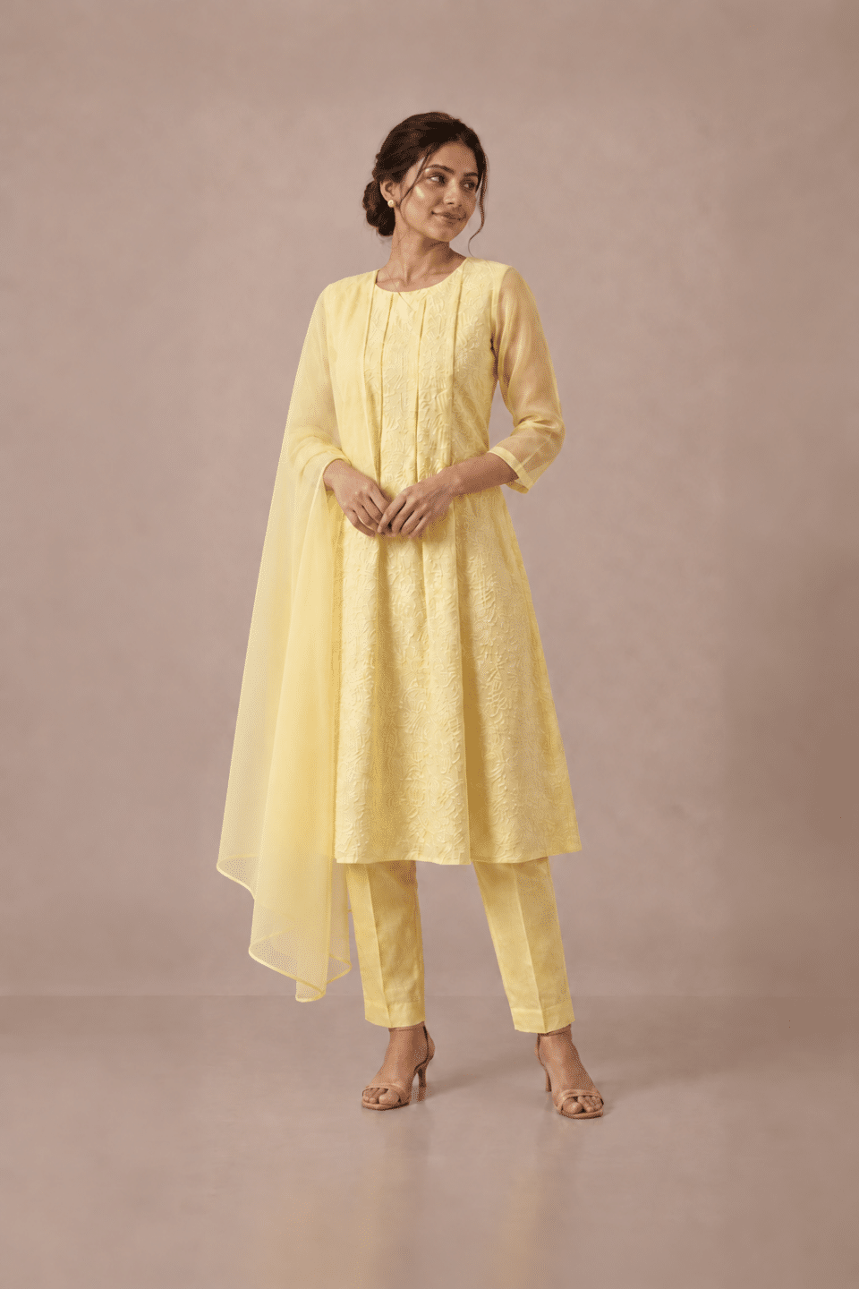 Pastel Yellow Embroidered Chanderi Kurta Set
