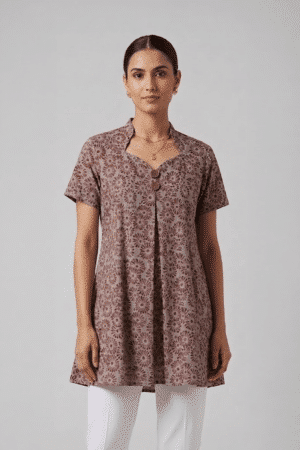 Mauve Floral Cotton Tunic with short sleeves and V-neckline