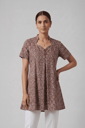 Mauve Floral Cotton Tunic with short sleeves and V-neckline
