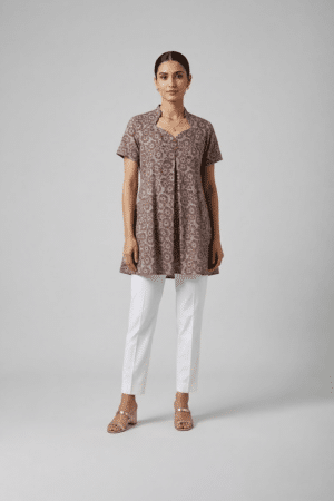Mauve Floral Cotton Tunic with short sleeves and V-neckline