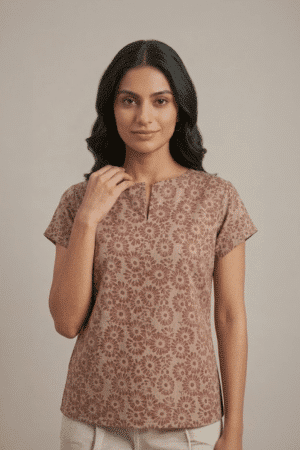 Beige Floral Cotton Top styled with cream trousers
