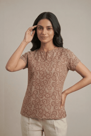 Beige Floral Cotton Top styled with cream trousers