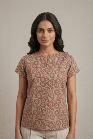 Beige Floral Cotton Top styled with cream trousers