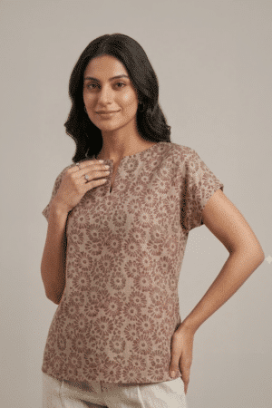 Beige Floral Cotton Top styled with cream trousers
