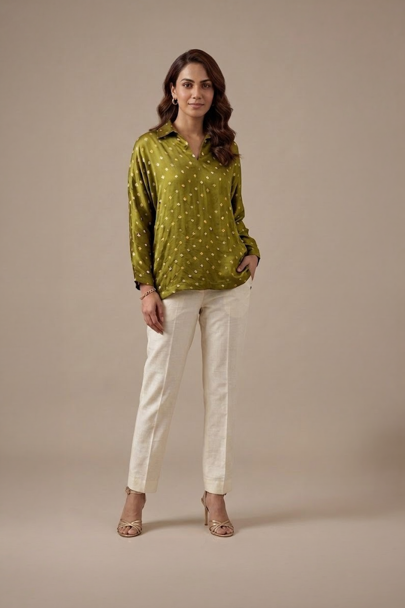 Olive Green Bandhani Top with white trousers