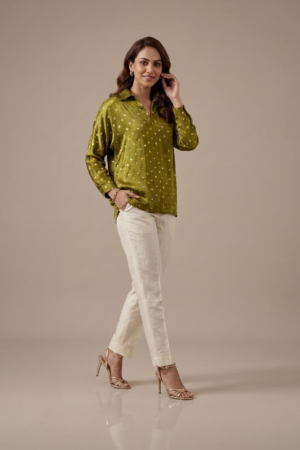 Olive Green Bandhani Top with white trousers