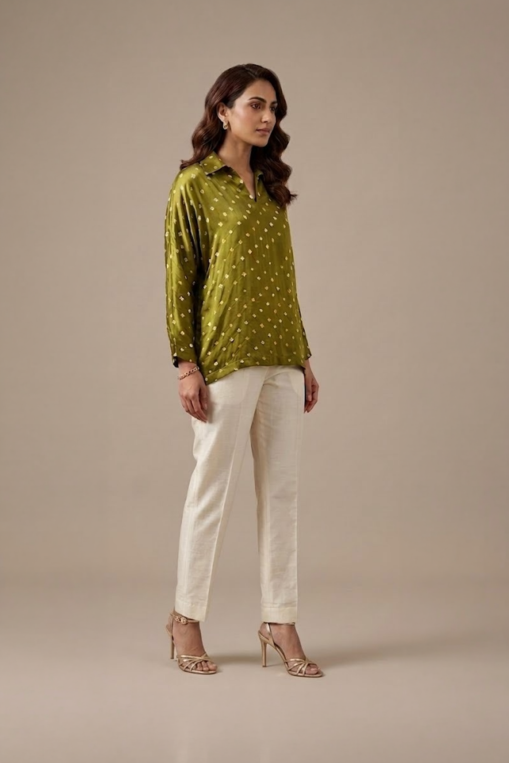 Olive Green Bandhani Top with white trousers
