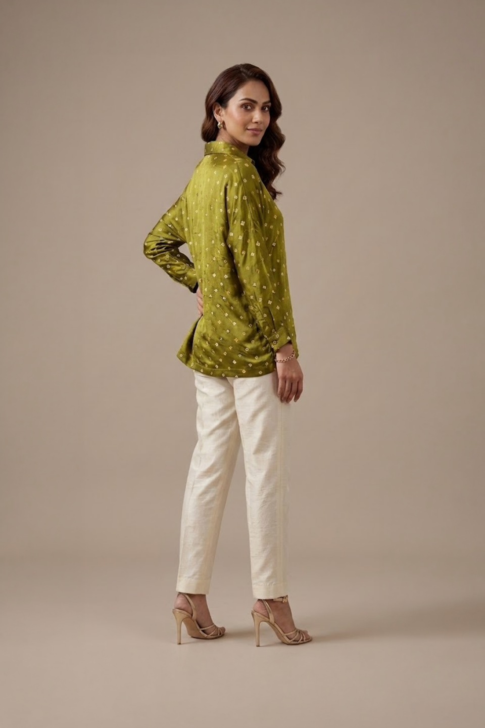 Olive Green Bandhani Top with white trousers