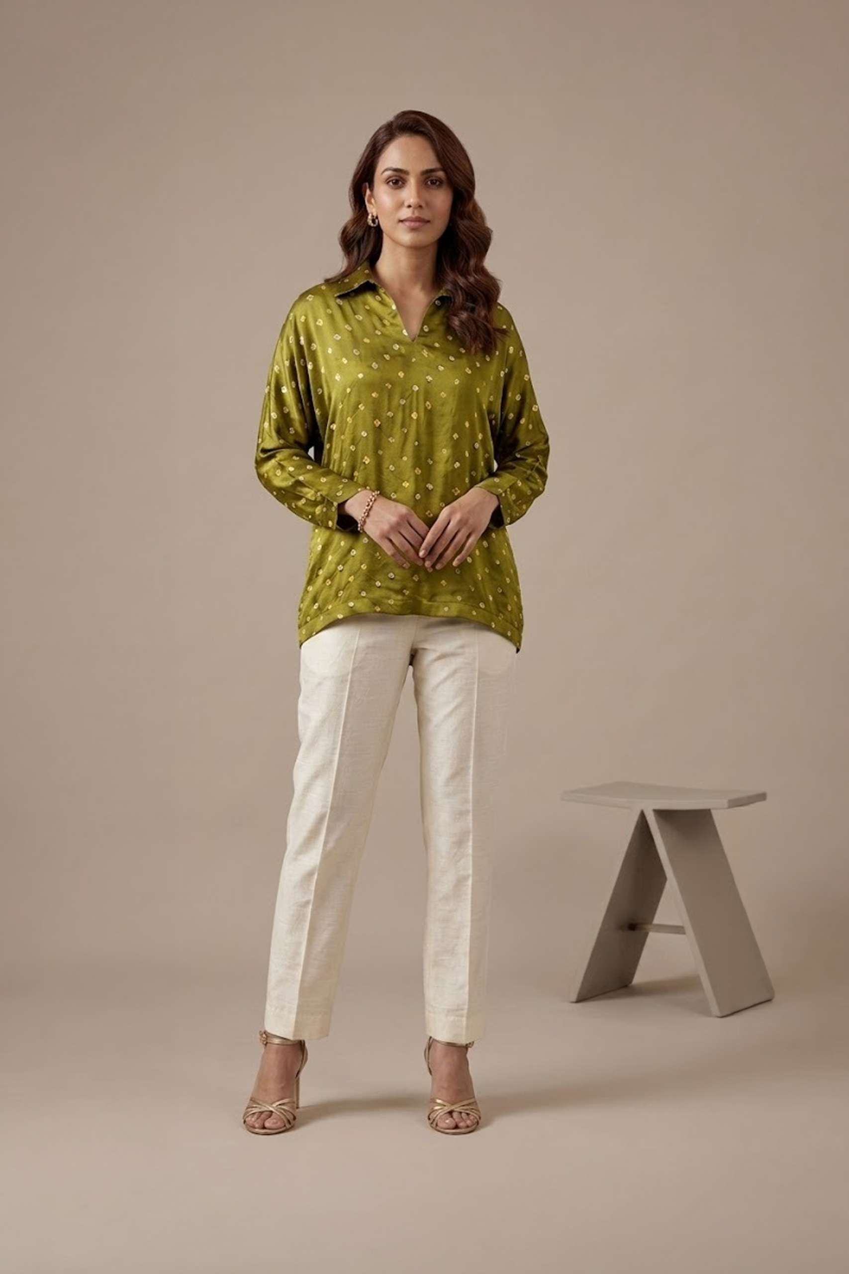 Olive Green Bandhani Top with white trousers