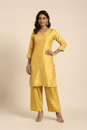 Mustard Yellow Kurta Set with V-neck and matching wide-leg pants