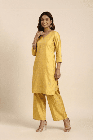 Mustard Yellow Kurta Set with V-neck and matching wide-leg pants