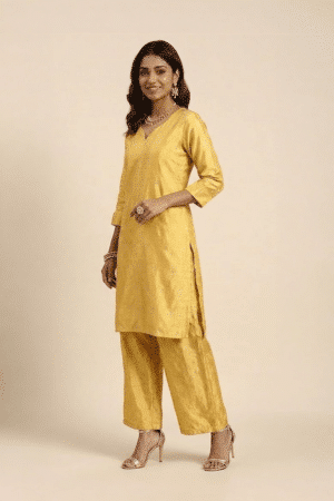Mustard Yellow Kurta Set with V-neck and matching wide-leg pants