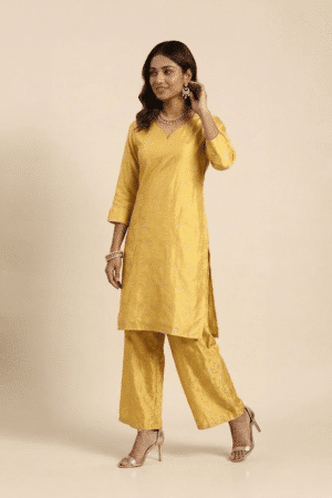 Mustard Yellow Kurta Set with V-neck and matching wide-leg pants
