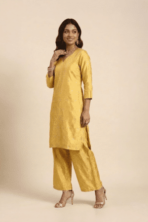 Mustard Yellow Kurta Set with V-neck and matching wide-leg pants