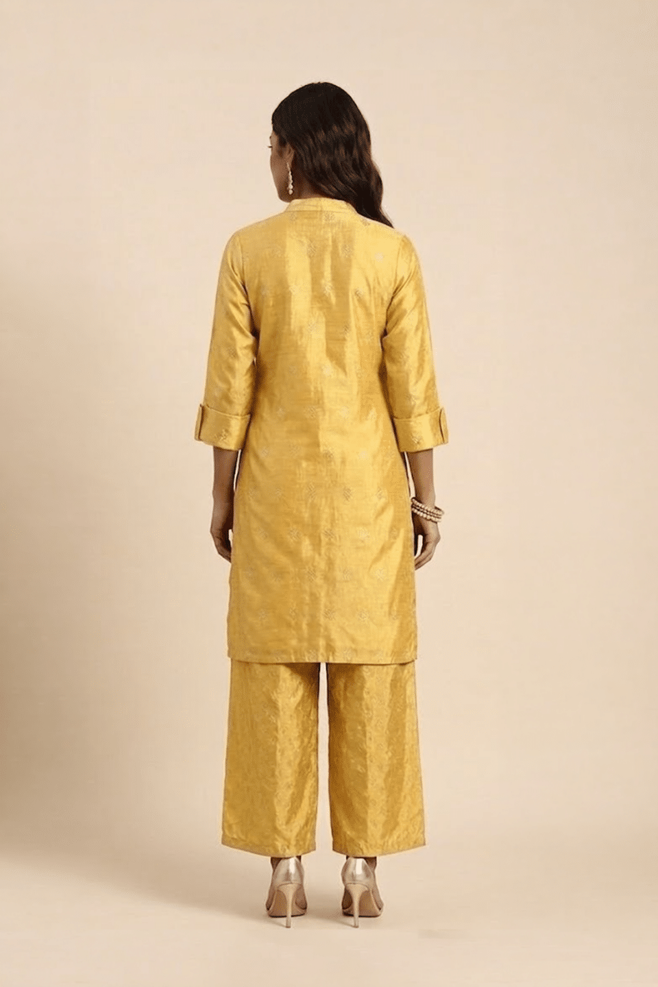 Mustard Yellow Kurta Set with V-neck and matching wide-leg pants