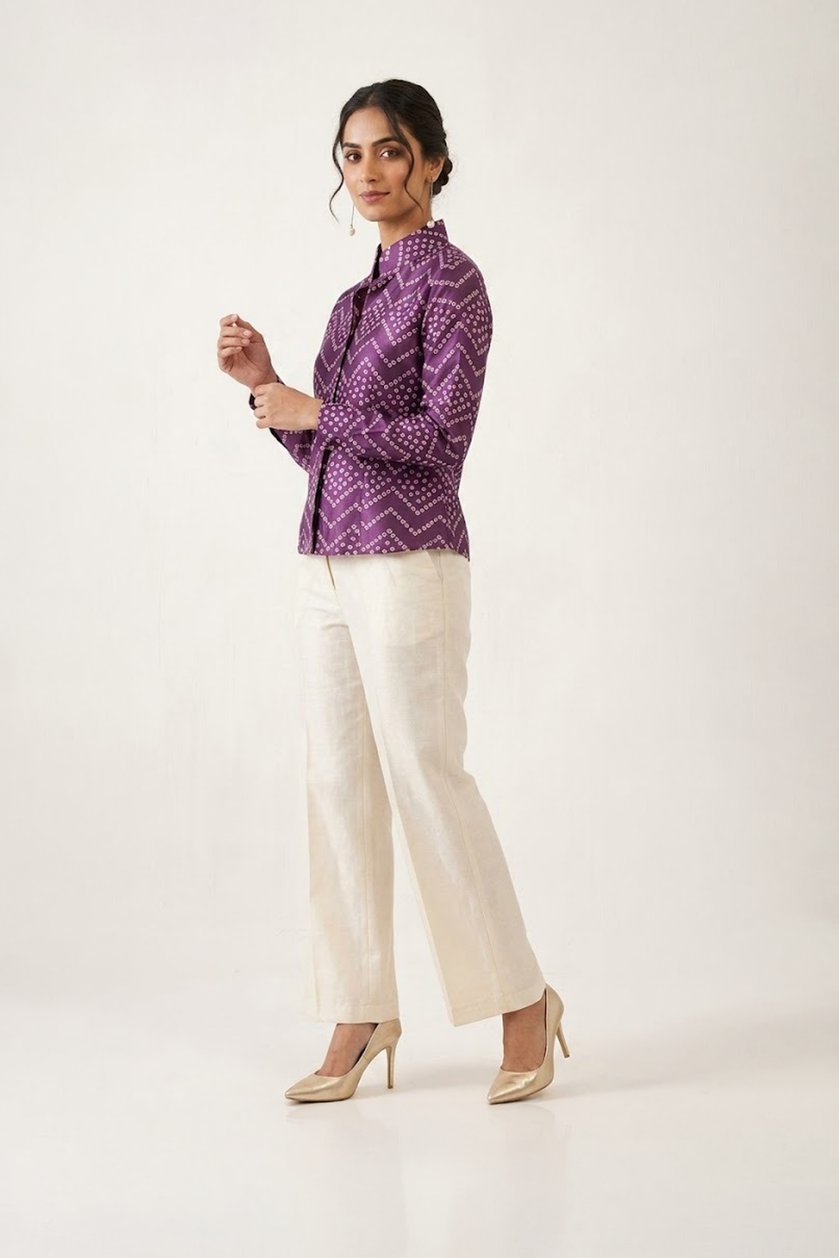 Purple bandhani top with high collar and full sleeves